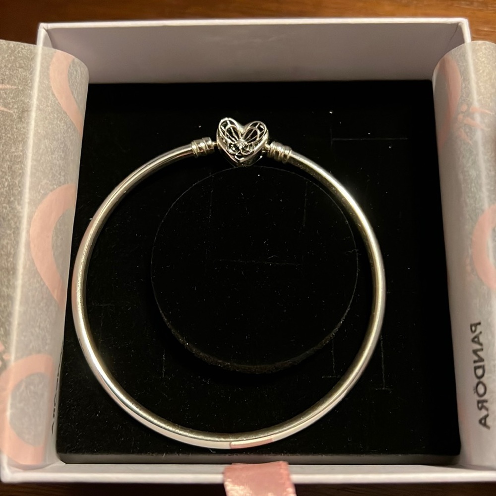 Authentic Pandora moments heart and butterfly sterling silver bangle